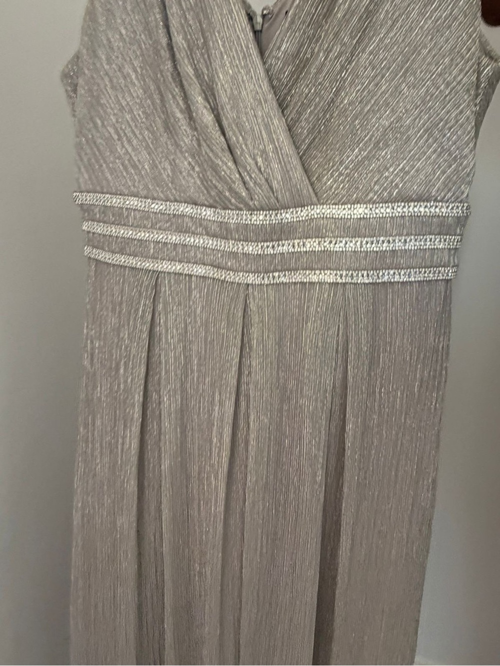 R&M Richards Silver Metallic Pleated Maxi Dress with Embellished Waist